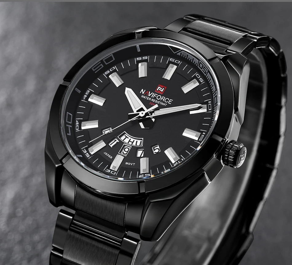Ceas pentru bărbați NAVIFORCE, realizat integral din oțel, rezistent la apă, stil casual, mecanism cu cuarț și afișaj al datei – Ceas de mână de lux pentru bărbați, de la o marcă de renume.