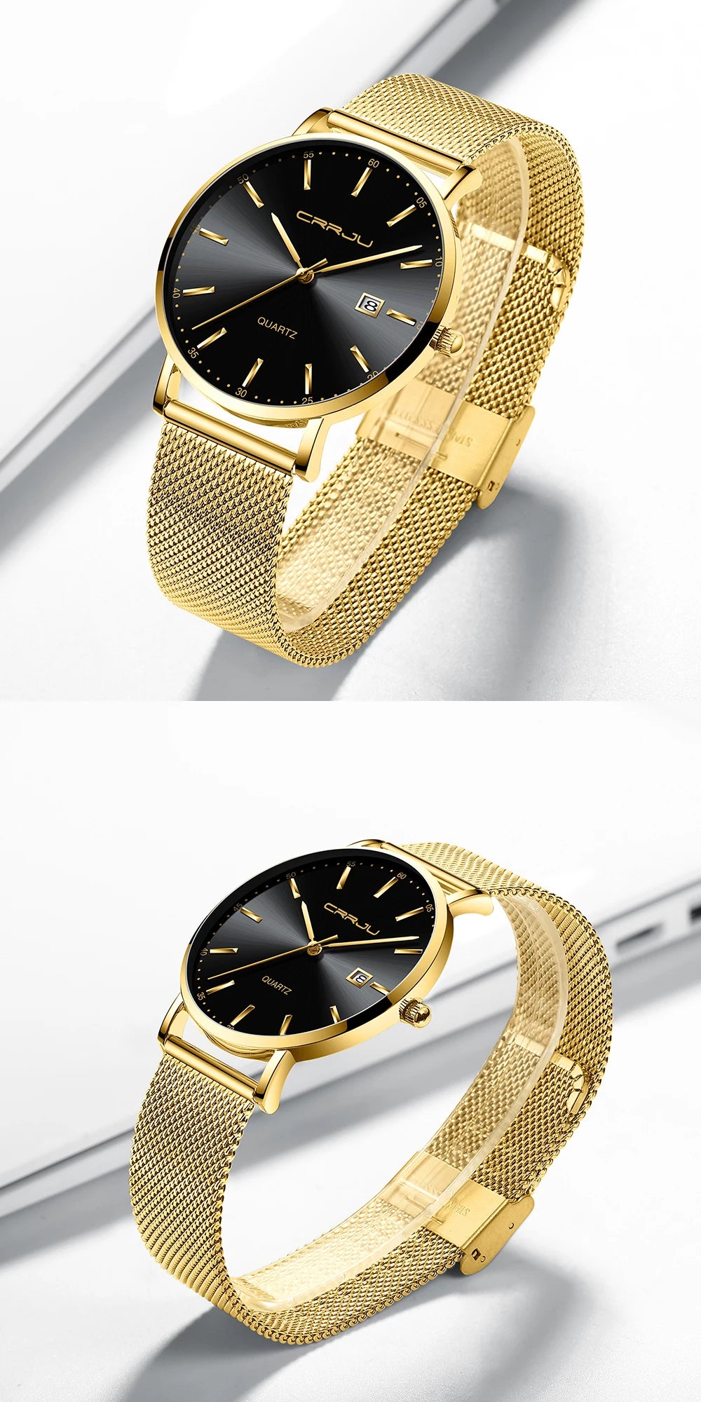 reloj hombre CRRJU Top Brand Luxury Blue Waterproof Watches Slim Stylish Date Casual Quartz Watch Men Sports Mesh Strap Clock