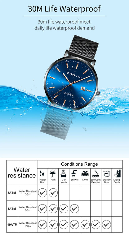 reloj hombre CRRJU Top Brand Luxury Blue Waterproof Watches Slim Stylish Date Casual Quartz Watch Men Sports Mesh Strap Clock