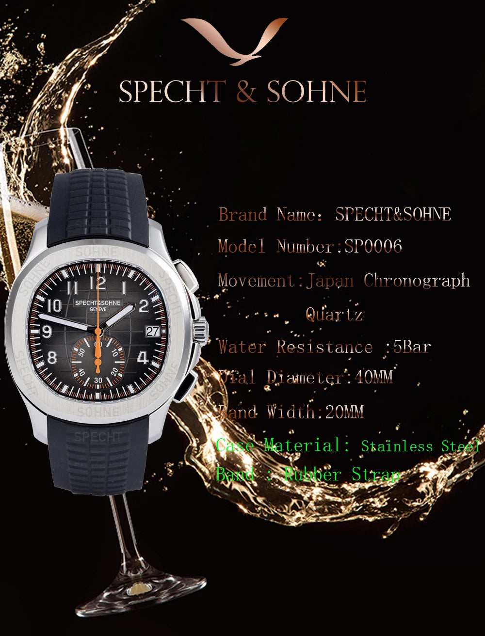 2025 Specht & Söhne Luxury Sports Quartz Watch Japan VD53 Chronograph Stainless Steel Watch Rubber Strap Reloj Hombre Waterproof