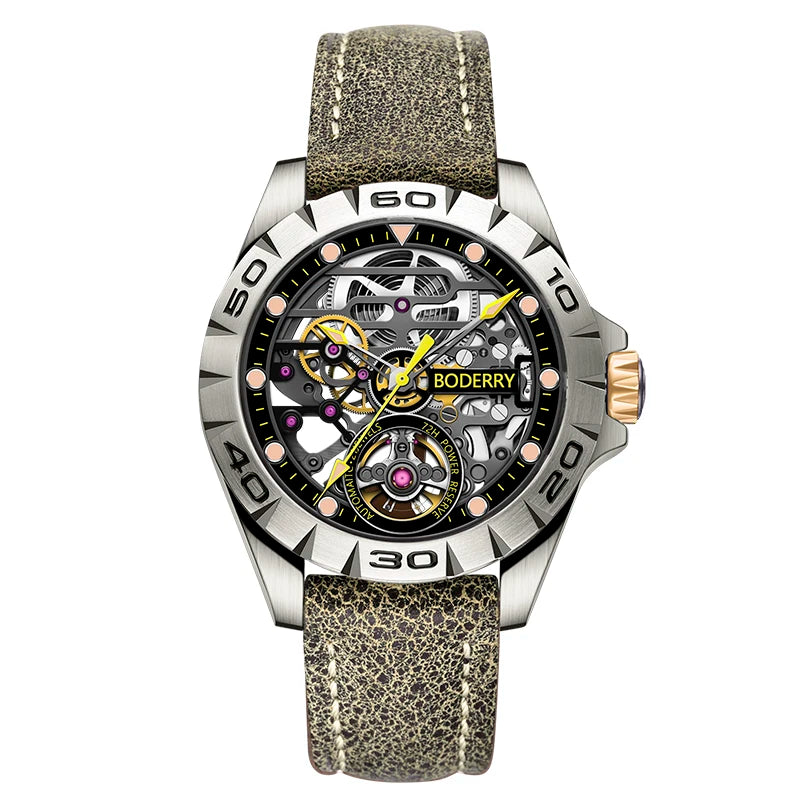 Boderry Urban Men's Titanium Watches Top Brand Fashion Skeleton Automatic Mechanical Waterproof Watch Hi-beat 72H Power-reserve