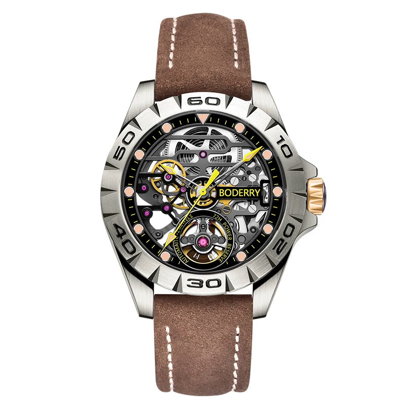 Boderry Urban Men's Titanium Watches Top Brand Fashion Skeleton Automatic Mechanical Waterproof Watch Hi-beat 72H Power-reserve