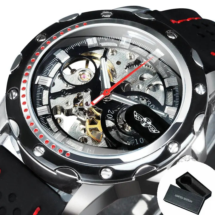 Orologio automatico da uomo WINNER – Modello meccanico scheletrato, lancette luminescenti, cinturino in gomma, stile sportivo e lussuoso, ideale per le attività all’aria aperta