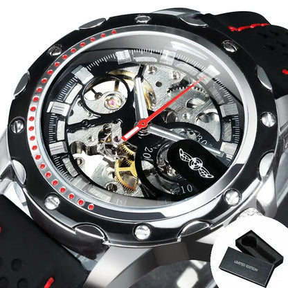 Orologio automatico da uomo WINNER – Modello meccanico scheletrato, lancette luminescenti, cinturino in gomma, stile sportivo e lussuoso, ideale per le attività all’aria aperta