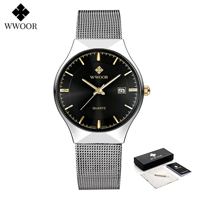 WWOOR Silver Men Watches with Mesh Steel Top Brand Luxury Ultra Thin Quartz Waterproof Date Business Wristwatch Box Montre Homme