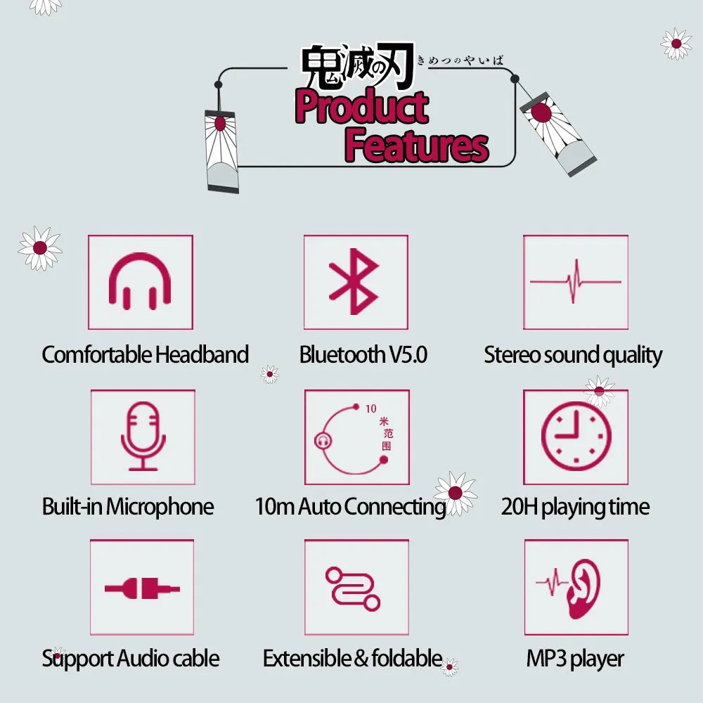 Demon Slayer Kamado Tanjirou Anime Bluetooth Headphones – Wireless Gaming Headset with Mic, TF Card Support, Deep Bass Anime Earphones V5.0