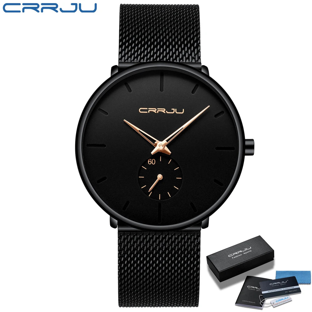 Montre pour homme CRRJU – Montre à quartz de luxe, style décontracté, fine, avec bracelet en maille d'acier, étanche et sportive.