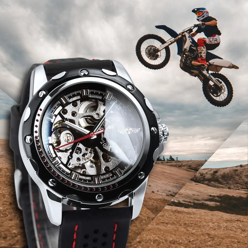 Orologio automatico da uomo WINNER – Modello meccanico scheletrato, lancette luminescenti, cinturino in gomma, stile sportivo e lussuoso, ideale per le attività all’aria aperta