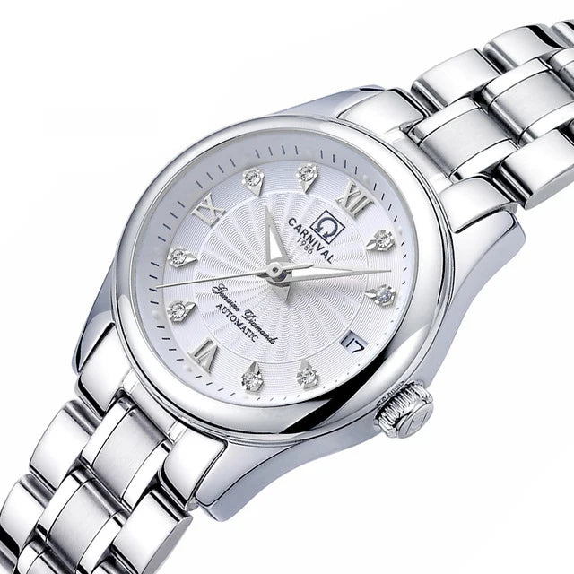 Reloj de pulsera mecánico para mujer de la marca CARNIVAL: modelo elegante, movimiento automático, cristal de zafiro, resistente al agua.