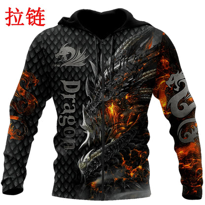Krásná pánská unisex mikina s kapucí s celoplošným 3D potiskem ohnivého draka, podzimní streetwear, ležérní bunda, tepláková souprava KJ749