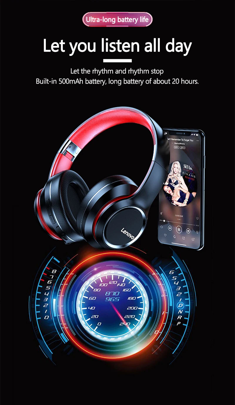 Cuffie Over-Ear Bluetooth Wireless Lenovo HD200 – Headset Gaming Stereo HiFi con Cancellazione del Rumore e Microfono