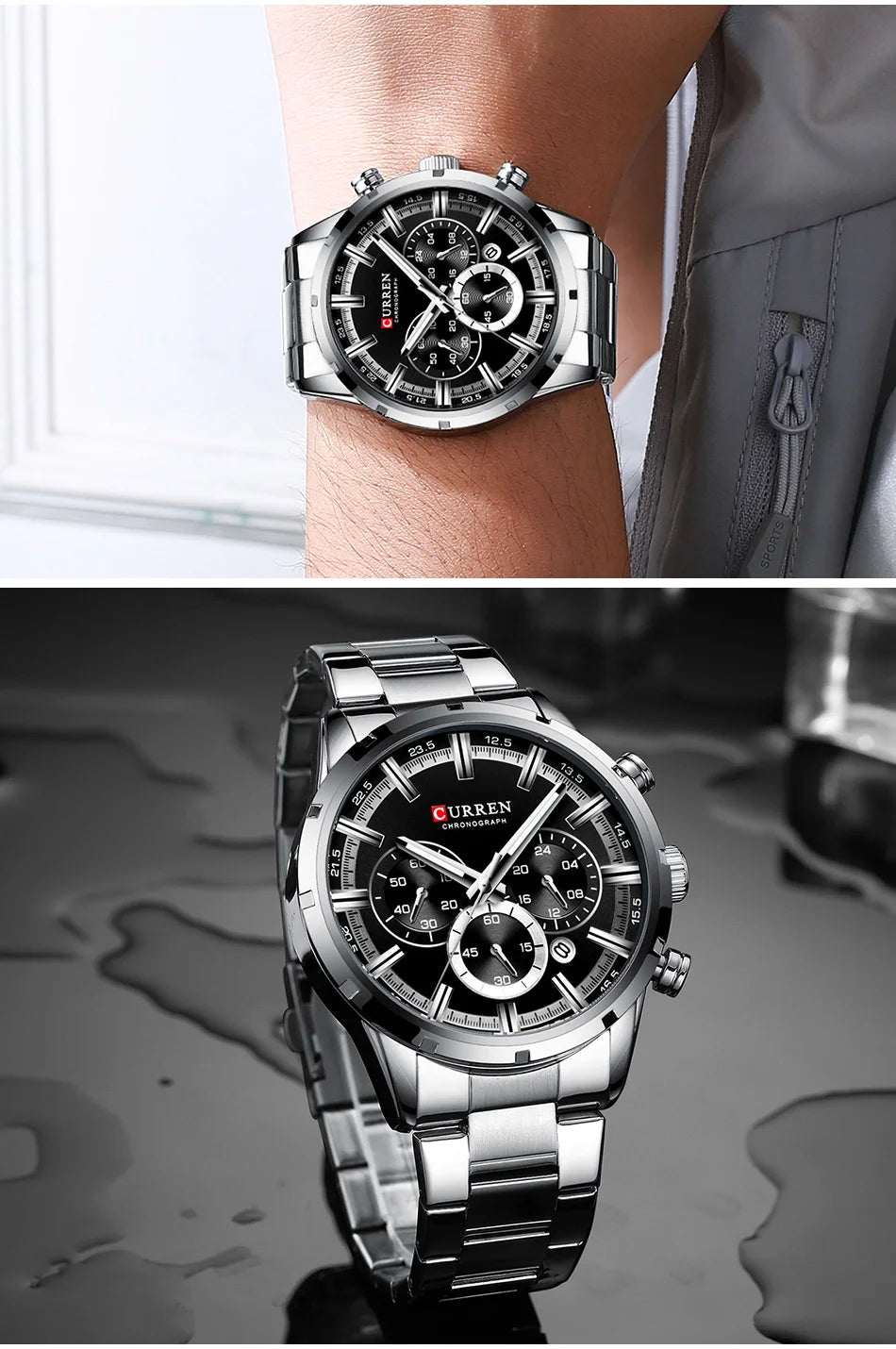 Pánske hodinky CURREN – luxusný športový chronograf, quartzový strojček, celonerezové, vodotesné