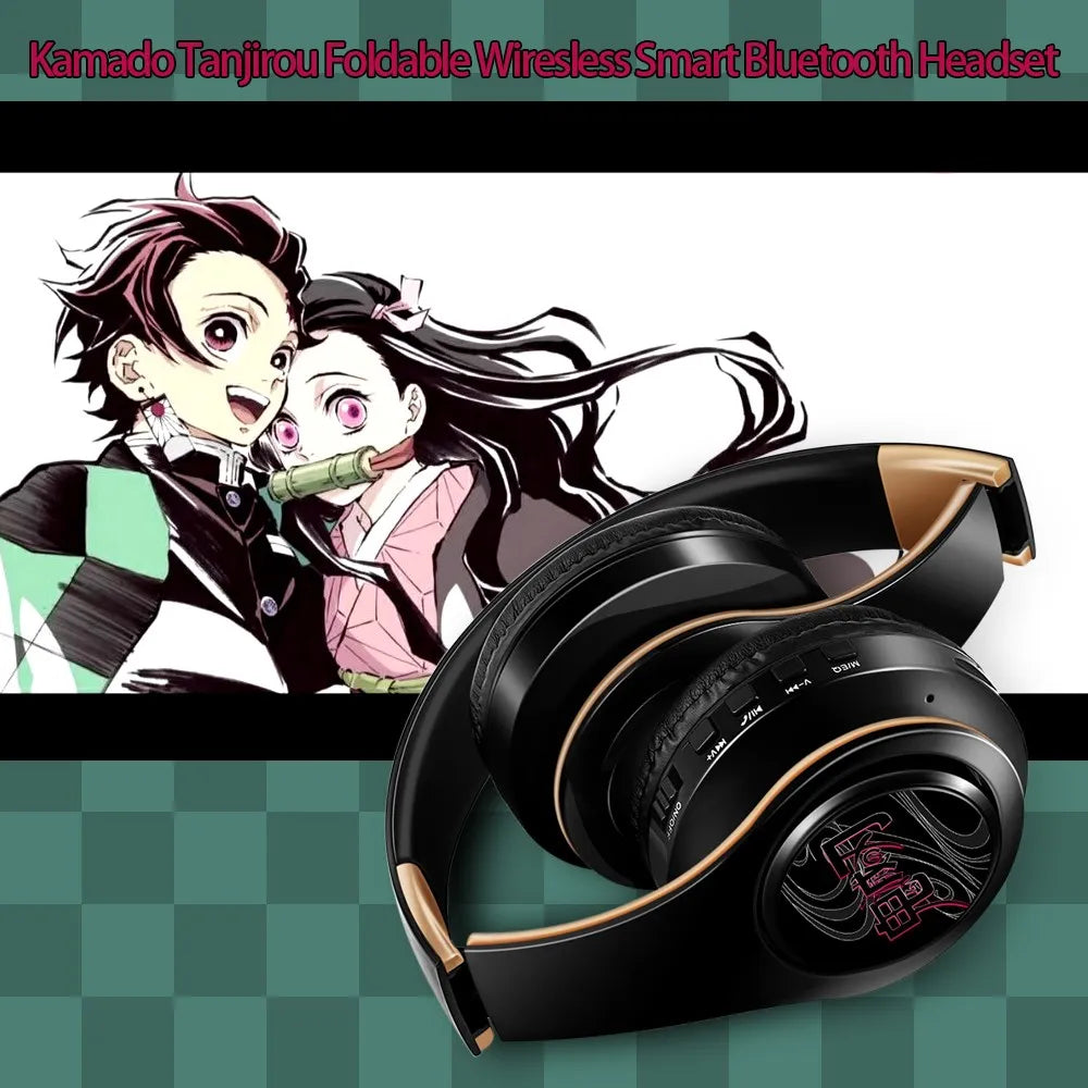 Demon Slayer Kamado Tanjirou Anime Bluetooth Headphones – Wireless Gaming Headset with Mic, TF Card Support, Deep Bass Anime Earphones V5.0