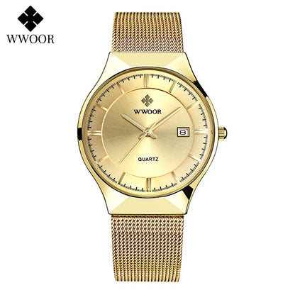 WWOOR Silver Men Watches with Mesh Steel Top Brand Luxury Ultra Thin Quartz Waterproof Date Business Wristwatch Box Montre Homme