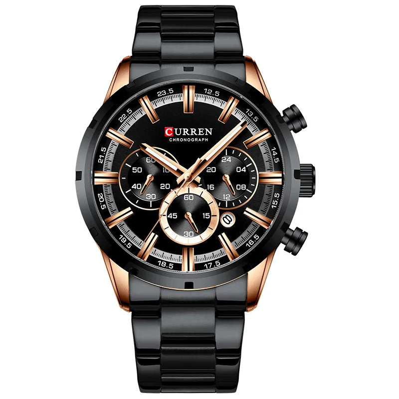 Pánske hodinky CURREN – luxusný športový chronograf, quartzový strojček, celonerezové, vodotesné