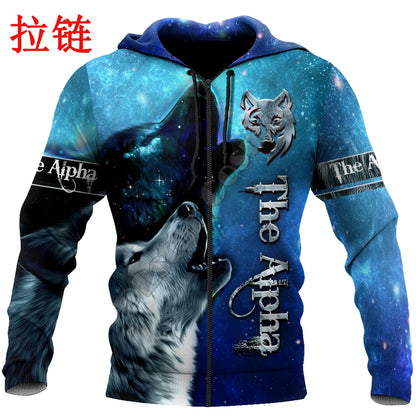 Sweatshirt com Capuz Deluxe Unissexo Beautiful The Wolf, Céu Estrelado 3D, Estampado Integral, com Fecho, Casaco Casual de Treino DW0327