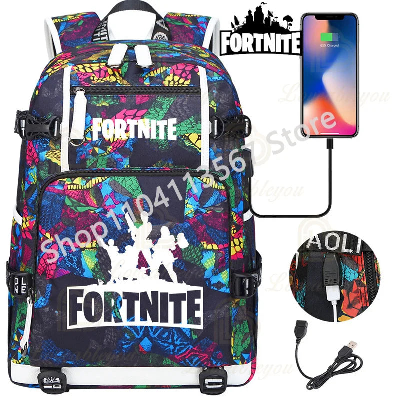 Yule Trooper F-Fortnited Battle Royale Rucksack mit USB-Ladeanschluss, Anime-Figuren, Lern- und Schreibwarenfach für Schüler