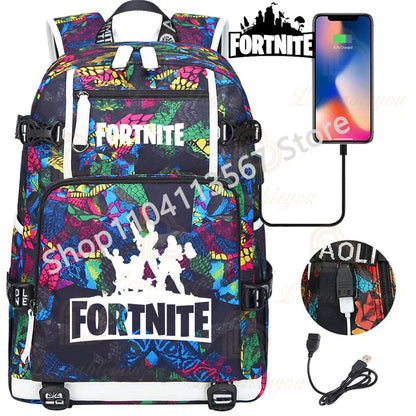 Yule Trooper F-Fortnited Battle Royale Rucksack mit USB-Ladeanschluss, Anime-Figuren, Lern- und Schreibwarenfach für Schüler