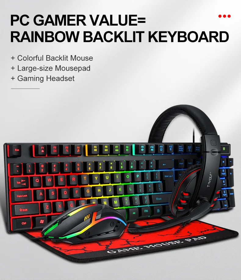Spanish Keyboard with Ñ Russian Keyboard ISO 100% Layout 104 Keys Spanish Russian Gaming Keyboard Mouse Kit Backlight Wired T20