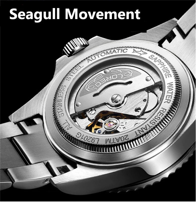 LOREO New Sapphire Glass Automatic Mechanical Watch Luxury Steel 200m Waterproof Business Watch Men Watches Reloj Hombre
