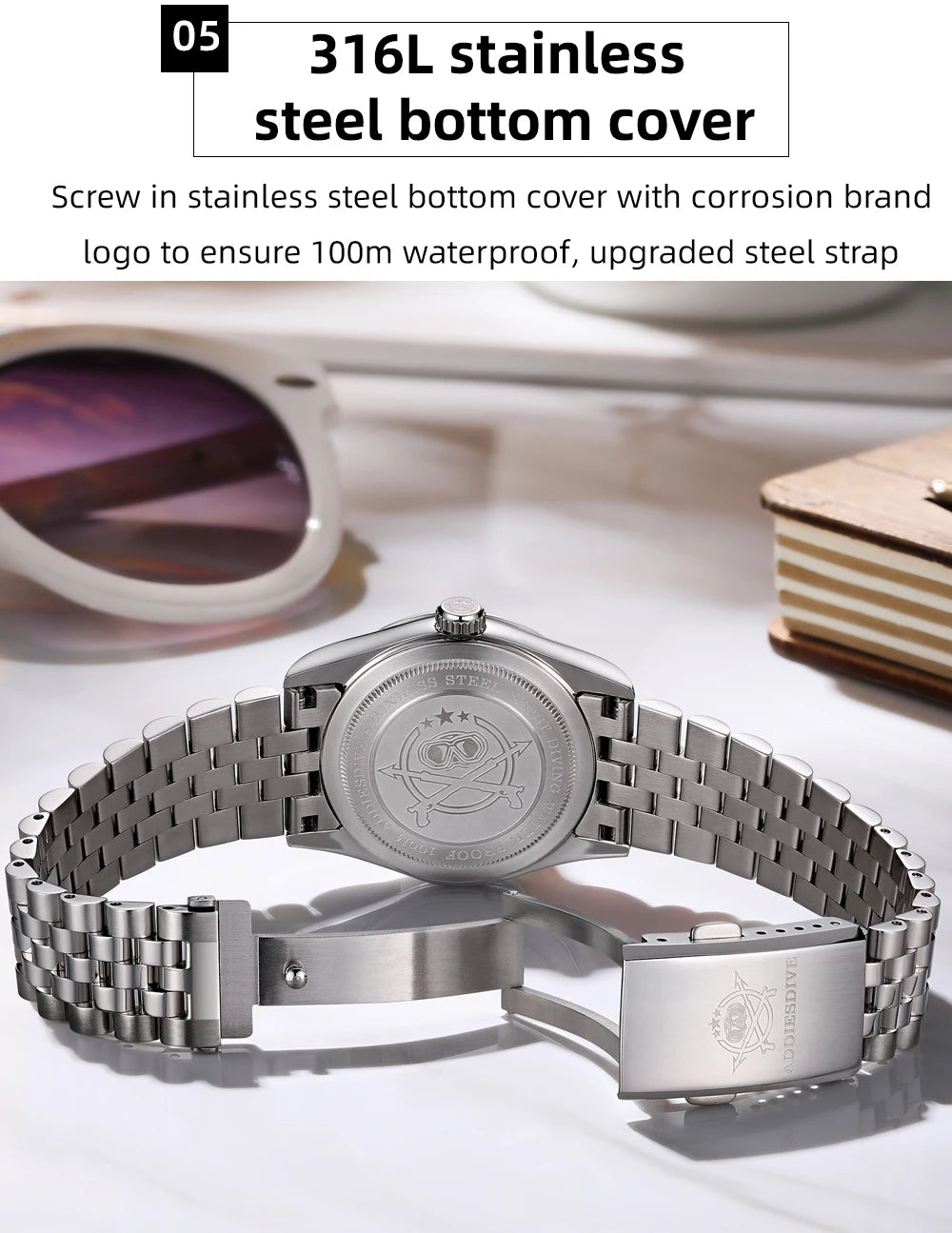 ADDIESDIVE New Men's Watch AD2073 Sapphire Glass 36mm VH31 Sunburst Quartz Watches 10Bar Waterproof Diving Luminous Wristwatch