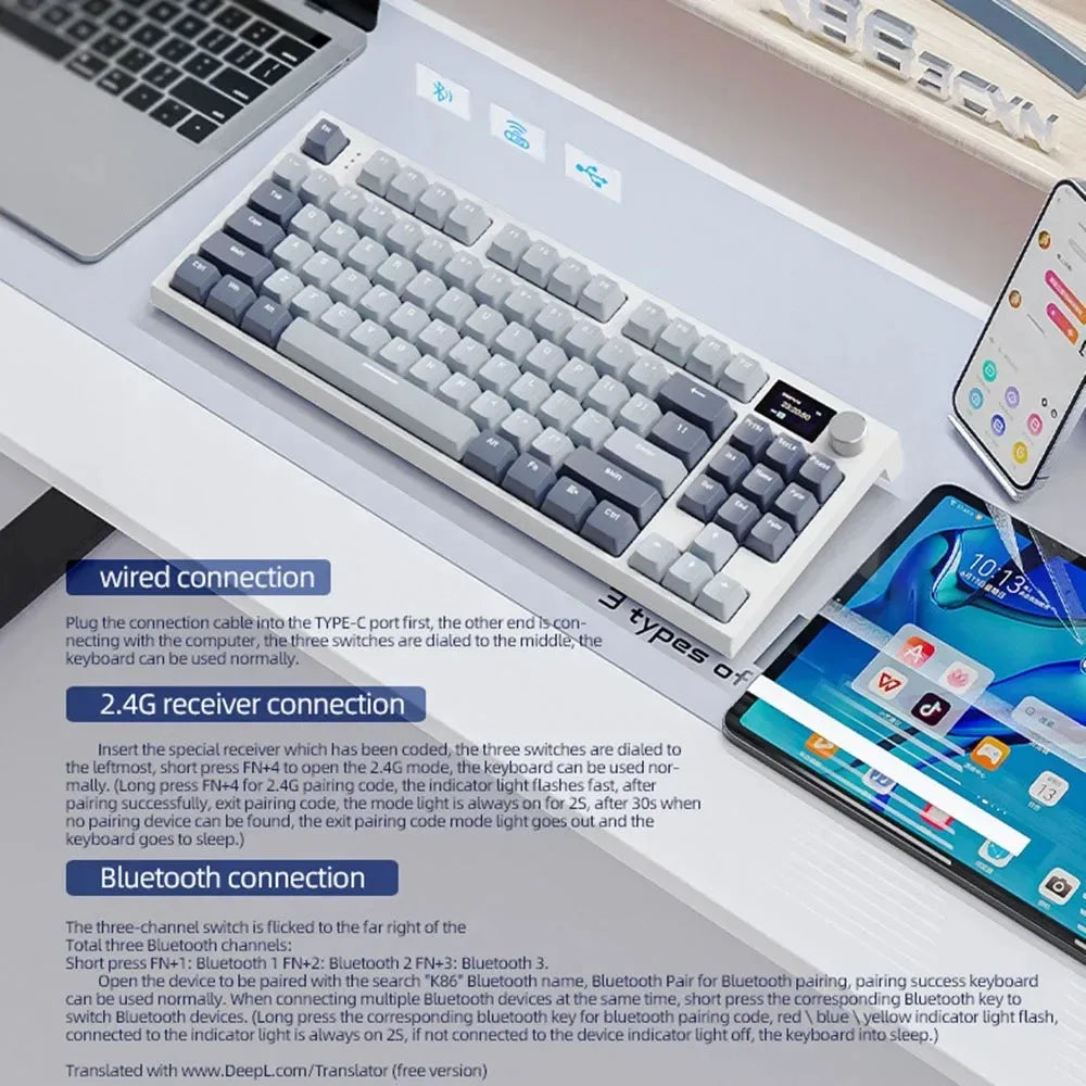 Attack Shark K86 Wireless Mechanical Keyboard, TFT Display, Metal Knob,RGB Backlit, Hot-Swappable, Bluetooth for Gaming & Office