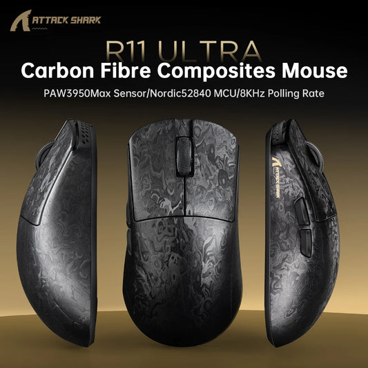Attack Shark R11 Ultra 8K Carbon Fiber Gaming Mouse, PAW3950MAX, 49g Ultra-Lightweight, Wireless 8000Hz Polling, Tri-Mode