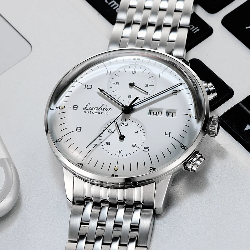 Mens Business Watch Mechanical Movement Multifunction Chronograph Stainless Steel Waterproof Automatic Calendar Sapphire