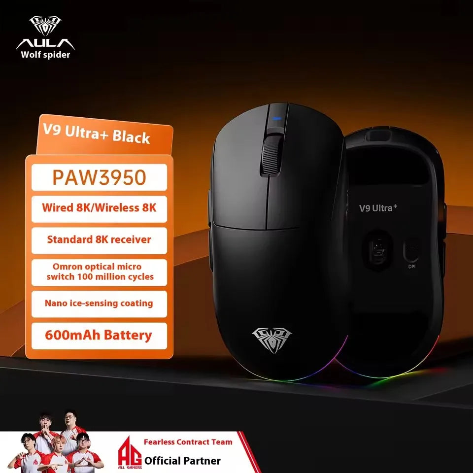 Aula V9 Ultra bezdrôtová e-športová herná myš Double 8k 3mode PAW 3950 8k, 55g, ľahká ergonomická myš, prispôsobiteľné príslušenstvo k PC
