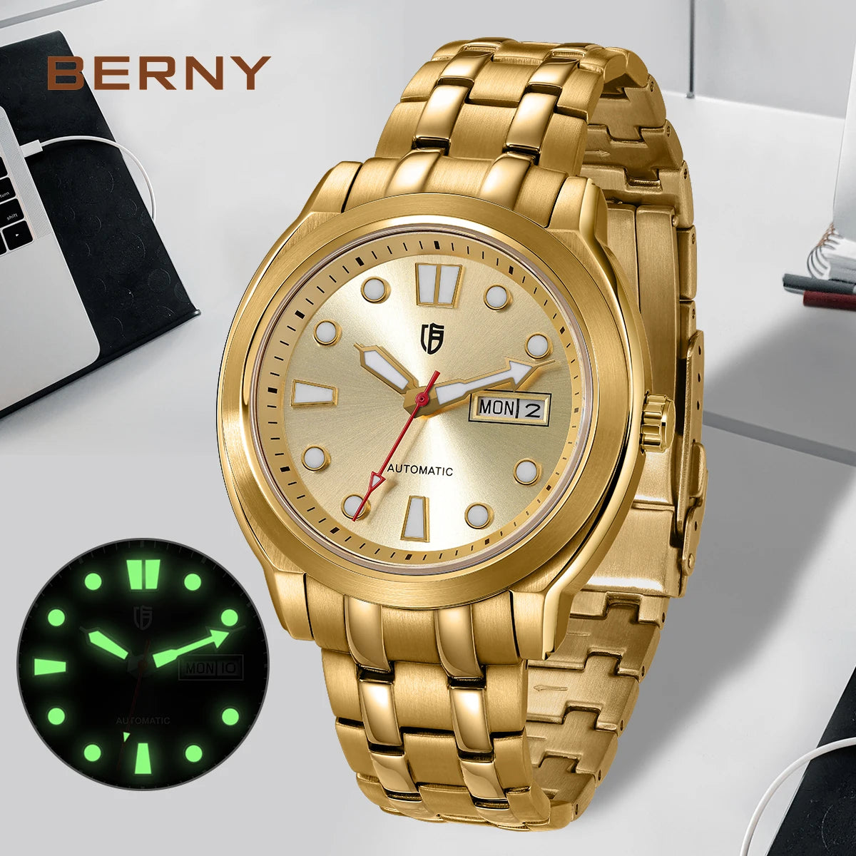 BERNY Automatic Men Watch Supper Luminous Sapphire Stainless Steel 100M Waterproof Business Casual Mechanical Wristwatch for Men