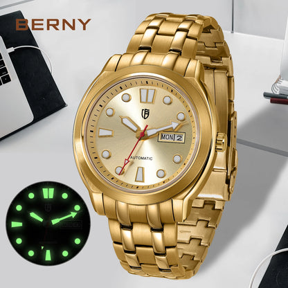 BERNY Automatic Men Watch Supper Luminous Sapphire Stainless Steel 100M Waterproof Business Casual Mechanical Wristwatch for Men