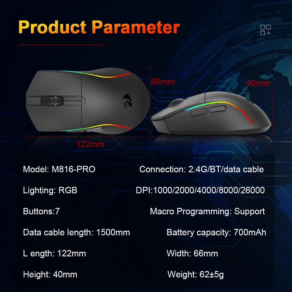 REDRAGON M816 PRO Gaming Mouse 26000 DPI Wireless RGB Gaming Mouse, Tri-Mode 2.4G Bluetooth Wired Mouse with PAW3395 Sensor