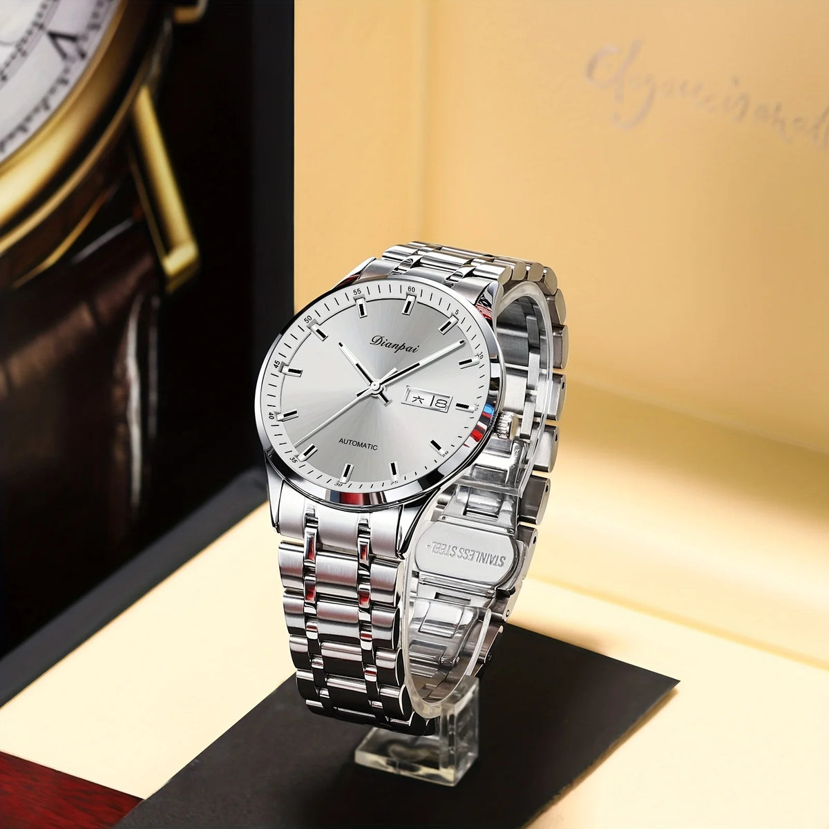Pánské mechanické hodinky s automatickým nátahem značky Dianpai – luxusní model, luminiscenční displej, klasický a elegantní design, z nerezové oceli, vodotěsné, s kalendářem a označením dne v týdnu