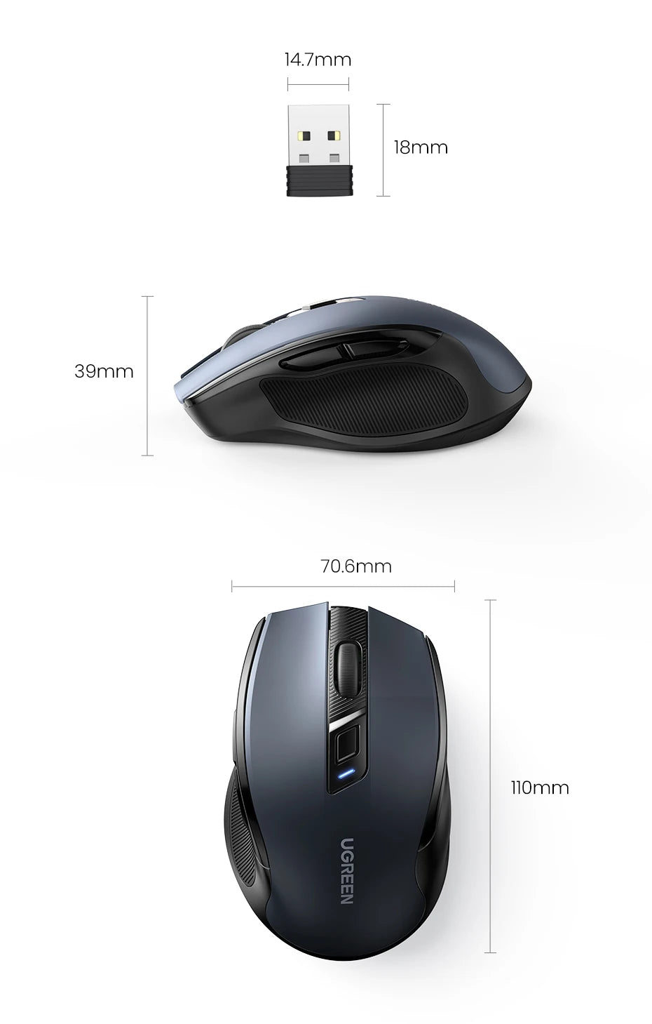 Безжична мишка UGREEN Bluetooth 5.0, ергономична 4000DPI, 6 безшумни бутона, за MacBook, таблети, лаптопи, компютър и PC, 2.4G