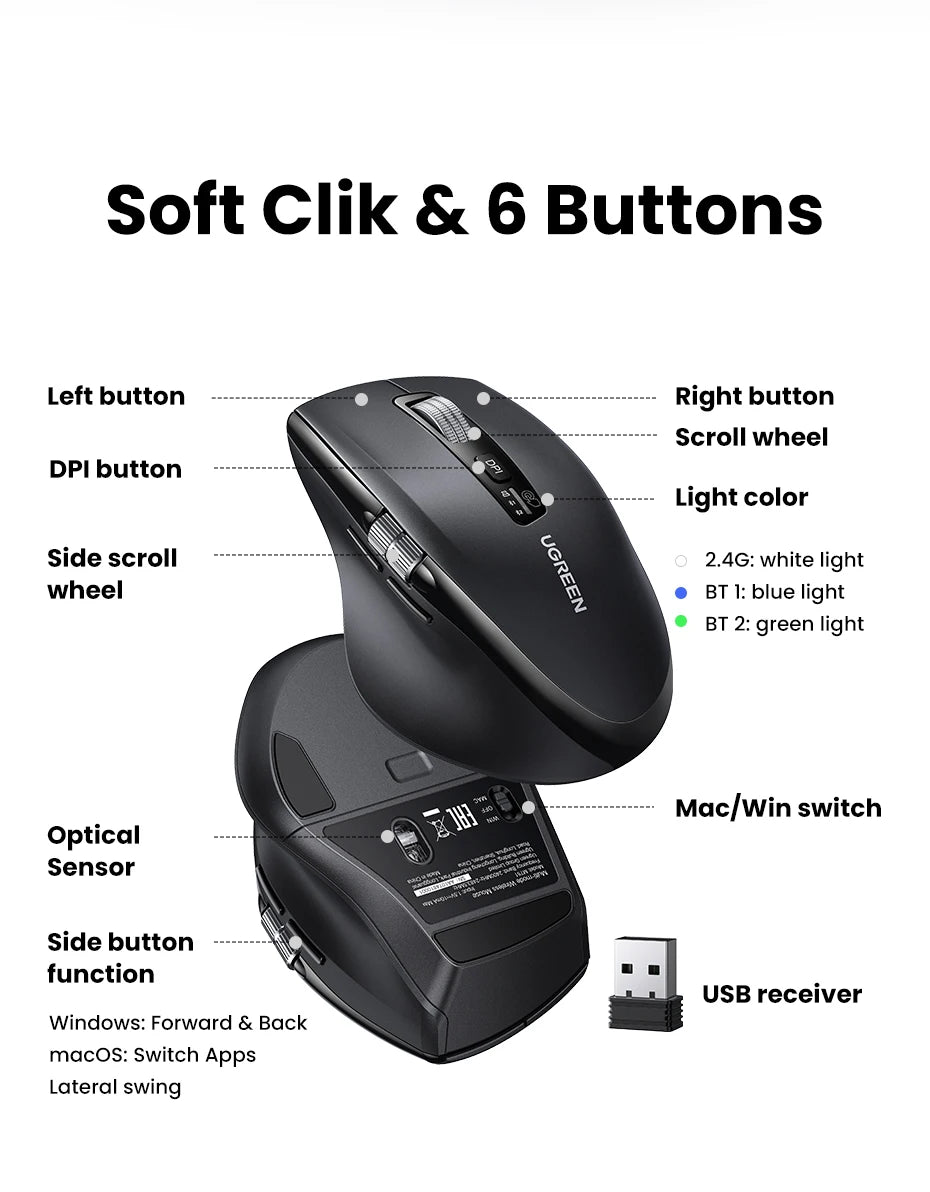 UGREEN Wireless Mouse Bluetooth 5.4 Ergonomic 5000 DPI Rechargeable Wireless Mouse with Hyper-Fast Scroll for MacBook, Laptop, PC & Tablet