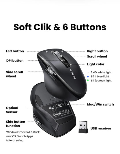 UGREEN Wireless Mouse Bluetooth 5.4 Ergonomic 5000 DPI Rechargeable Wireless Mouse with Hyper-Fast Scroll for MacBook, Laptop, PC & Tablet