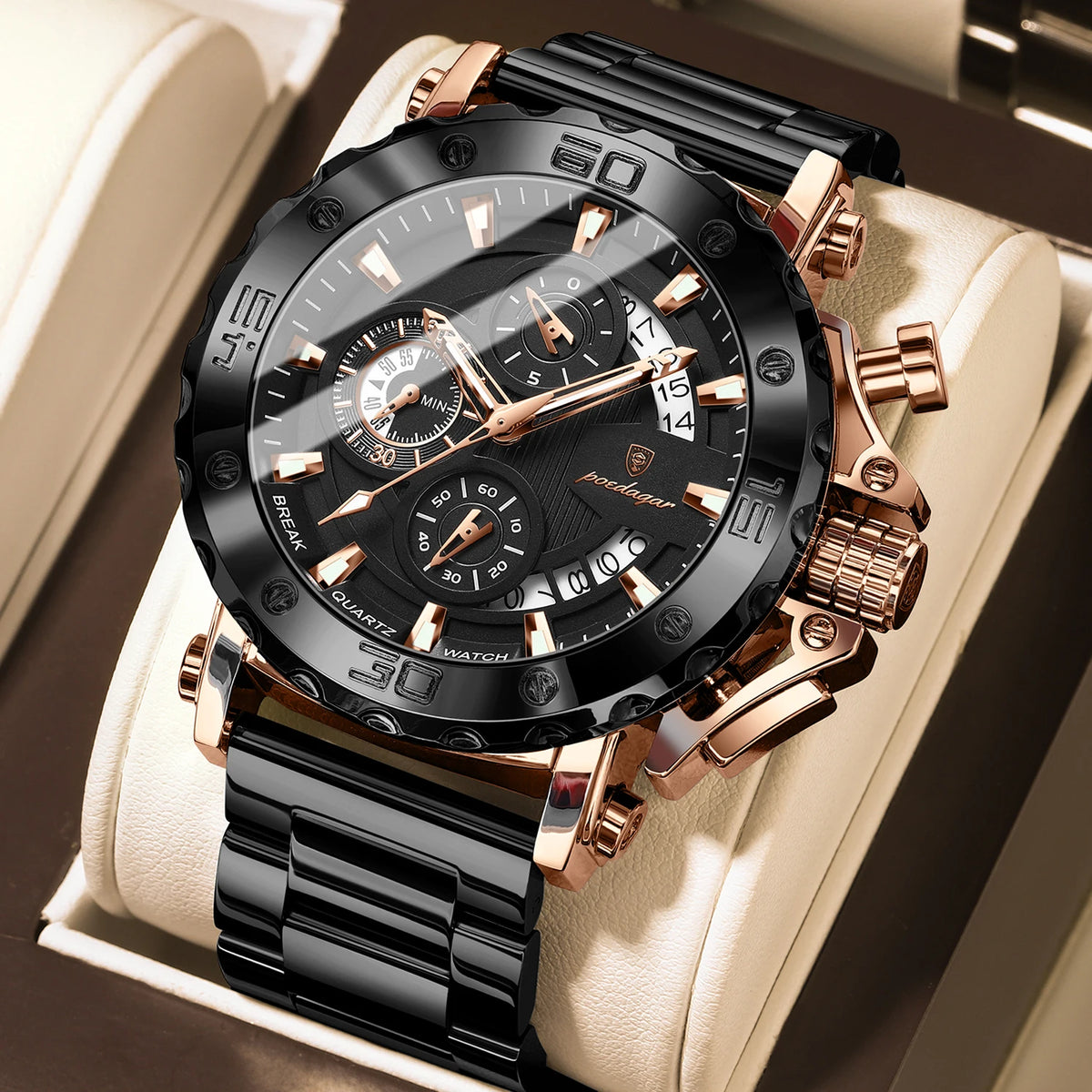 Orologio da uomo di lusso POEDAGAR, luminescente, impermeabile, cronografo, datario, acciaio inossidabile, al quarzo, Reloj