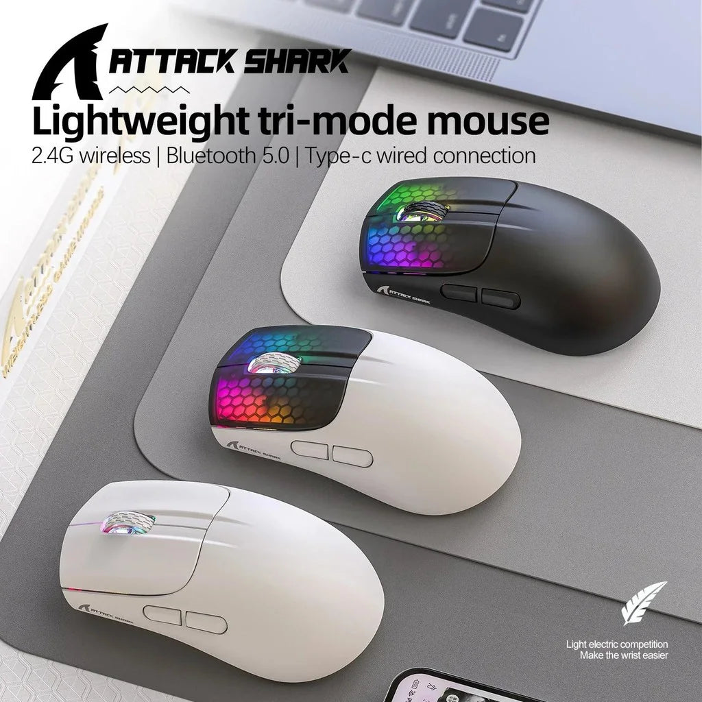Rato Gaming ATTACK SHARK X5 Sem Fios Leve com Ligação Tri-Mode 2.4GHz/Com Fio/Bluetooth, RGB e Macro