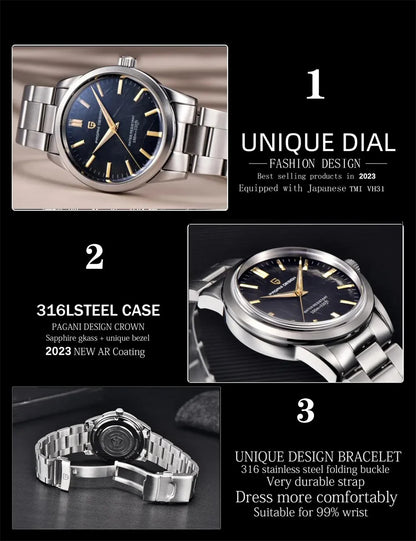 PAGANI DESIGN 40MM Meteorit-Zifferblatt Herren-Quarzuhr Luxus Business Saphir 316L Edelstahl 100M wasserdichte Uhr für Herren