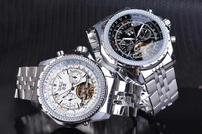 Luxusní retro automatické mechanické hodinky JARAGAR 034, tourbillon, vyprázdněná skeletová konstrukce, nerezová ocel, týdenní kalendář, pánské hodinky