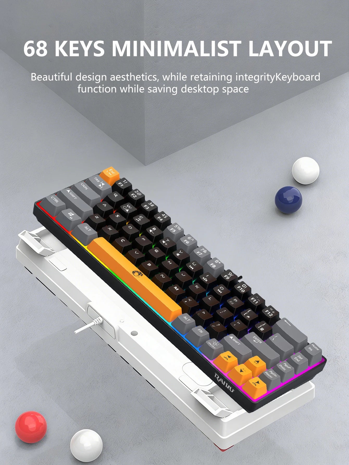 Three-piece wired gaming keyboard, rainbow backlight, multimedia function, mechanical feel, suitable for office and gaming