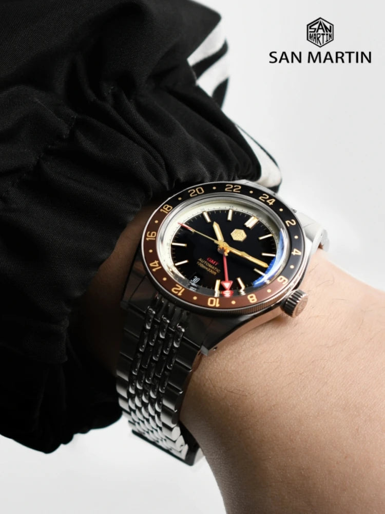 Relógio Automático Masculino San Martin 39.5mm Edição Limitada com Mostrador Full Lume NH34 GMT 6H Data 10Bar Luxo Kol Saati SN0116W