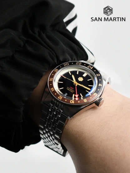 Relógio Automático Masculino San Martin 39.5mm Edição Limitada com Mostrador Full Lume NH34 GMT 6H Data 10Bar Luxo Kol Saati SN0116W