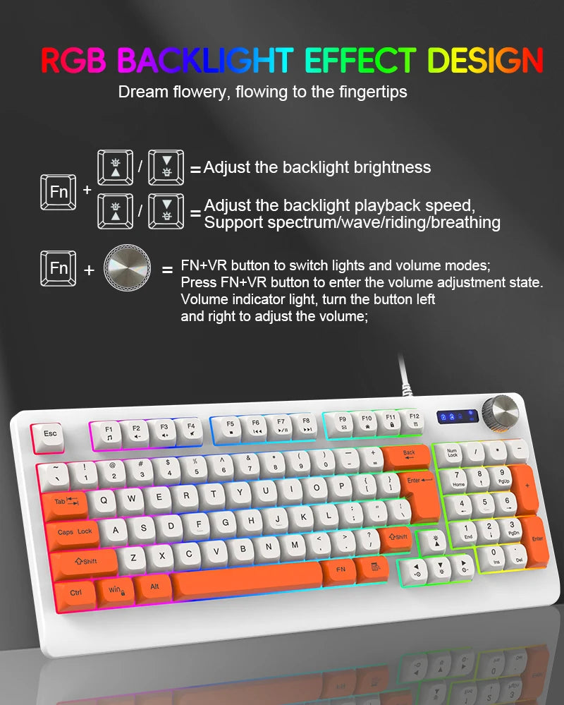 93 Keys Wired Gaming Keyboard with RGB Backlight Multi-Function Knob Color Matching Mechanical Feel Keyboard for PC Laptop Gamer