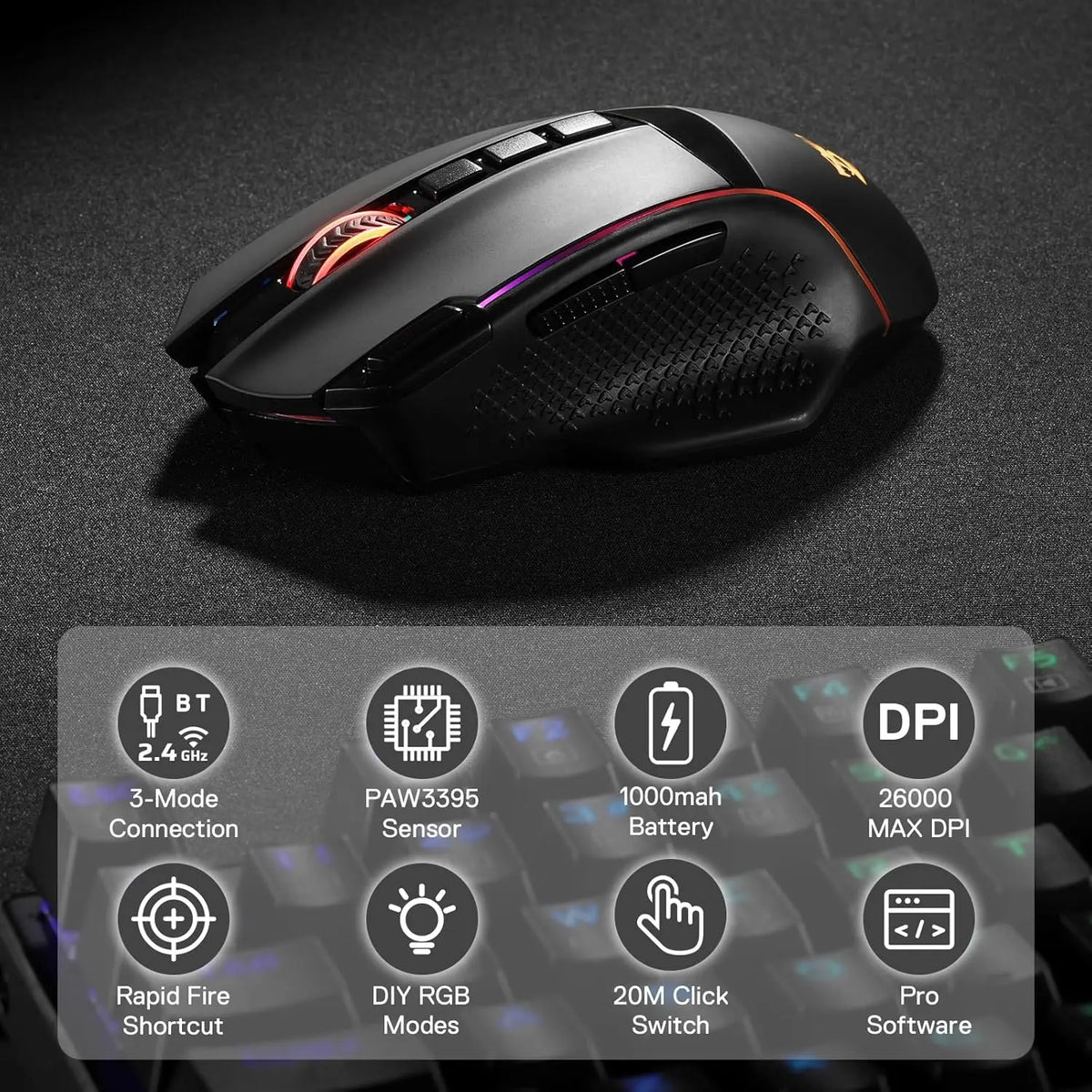 Rato Gaming Sem Fios Redragon M991 26000 DPI 3 Modos para Jogadores, 9 Botões Macro, Iluminação RGB, Preto