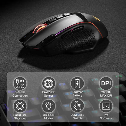 Rato Gaming Sem Fios Redragon M991 26000 DPI 3 Modos para Jogadores, 9 Botões Macro, Iluminação RGB, Preto