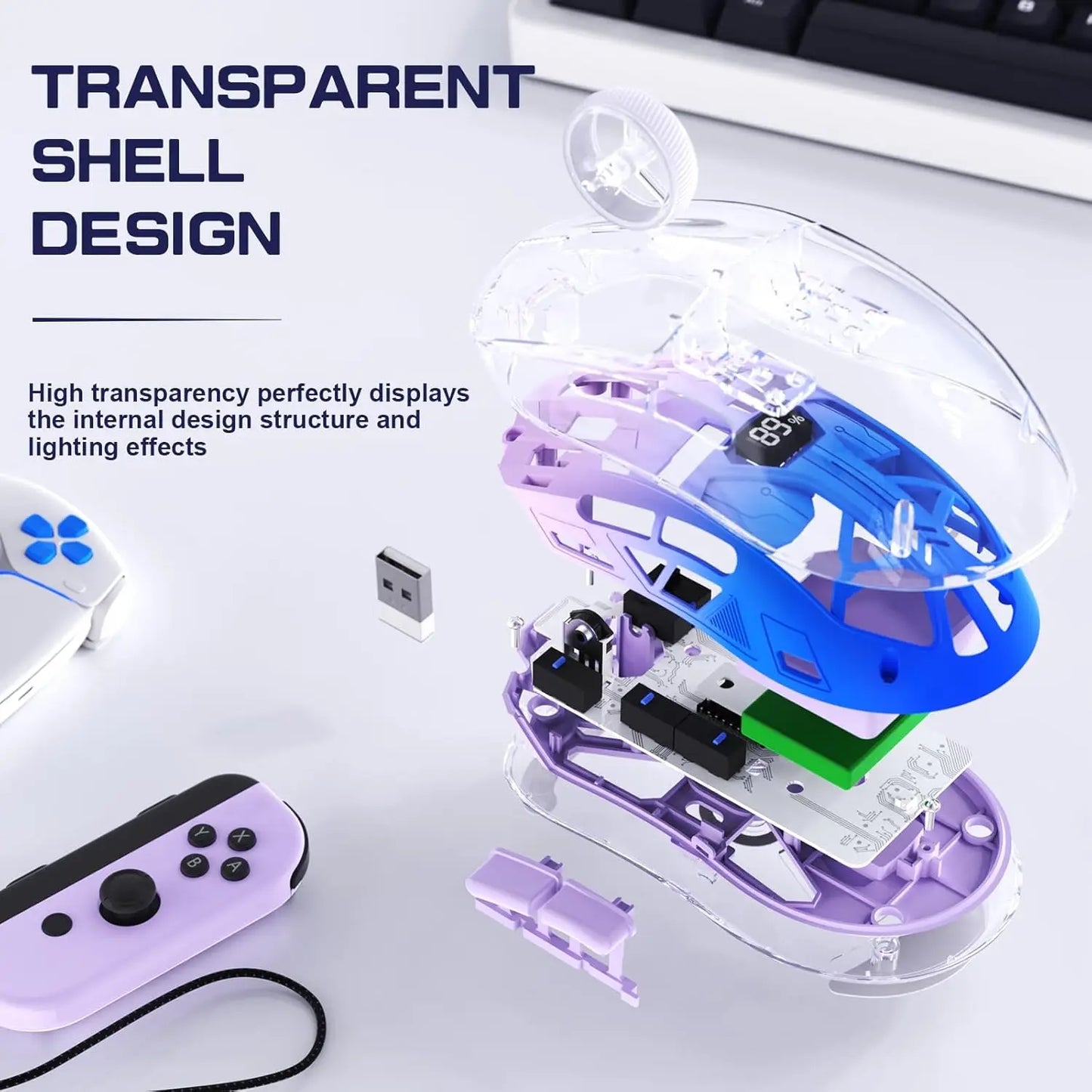 Mouse de gaming wireless transparent A2, BT 5.0/2.4G pentru PC, reîncărcabil, RGB, cu ecran digital, PixArt 3212, 5 niveluri DPI ajustabile