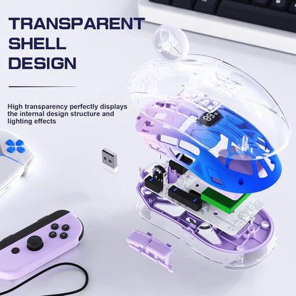 Mouse de gaming wireless transparent A2, BT 5.0/2.4G pentru PC, reîncărcabil, RGB, cu ecran digital, PixArt 3212, 5 niveluri DPI ajustabile