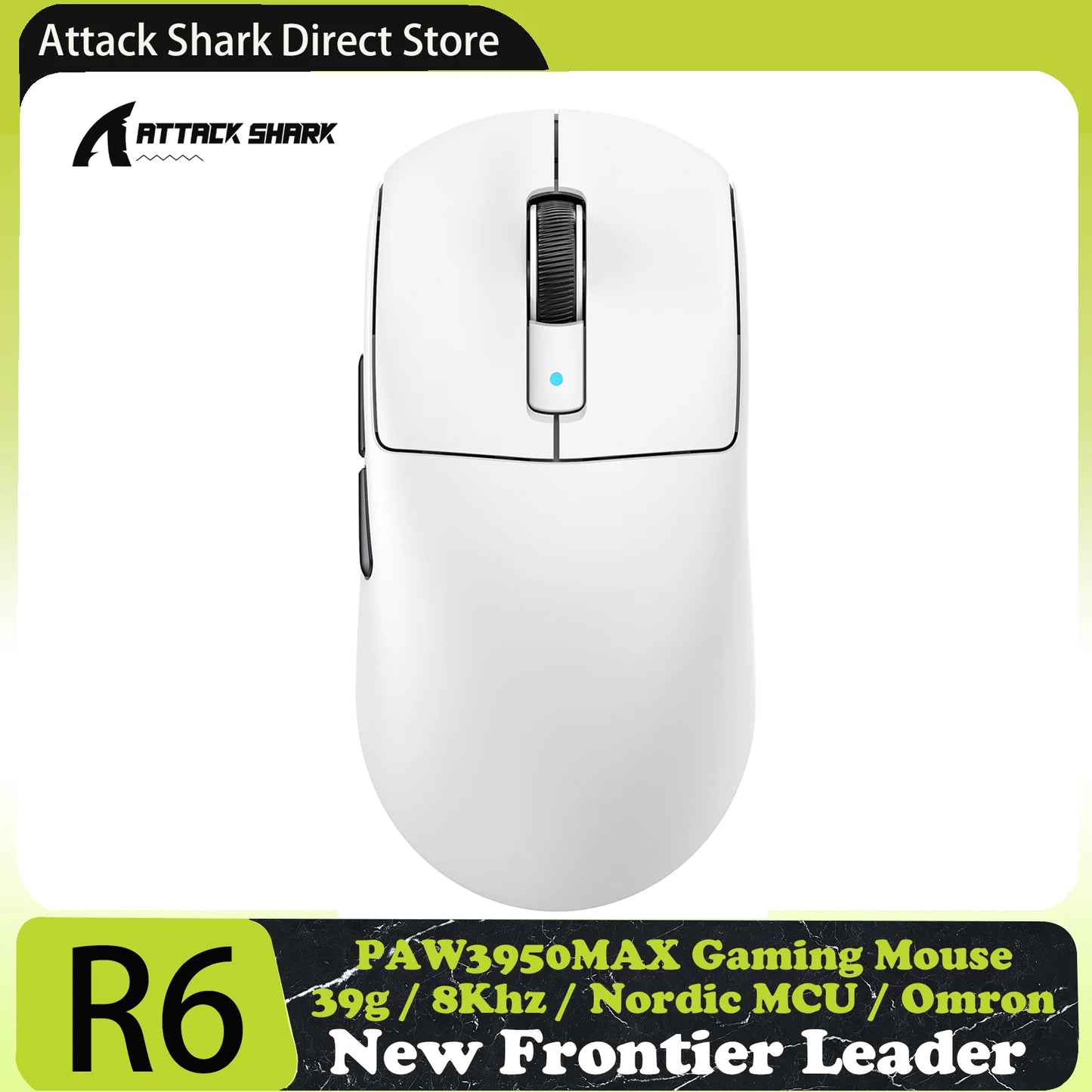 ATTACK SHARK R6 PAW3950MAX Ασύρματο Gaming Ποντίκι, 8Khz Polling, Υπερελαφρύ 39g, Nordic 52840 MCU, Οπτικοί Μικροδιακόπτες Omron