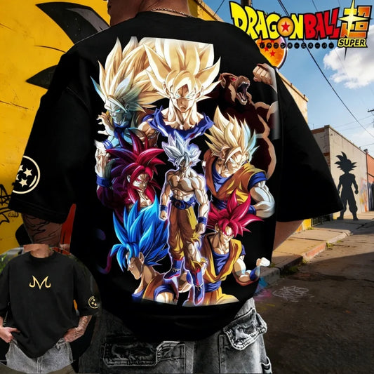 Лятна тениска Dragon Ball 2026, 100% памук, щампа Goku във всички форми, oversized, за фитнес и streetwear, унисекс ретро тениска за възрастни и деца